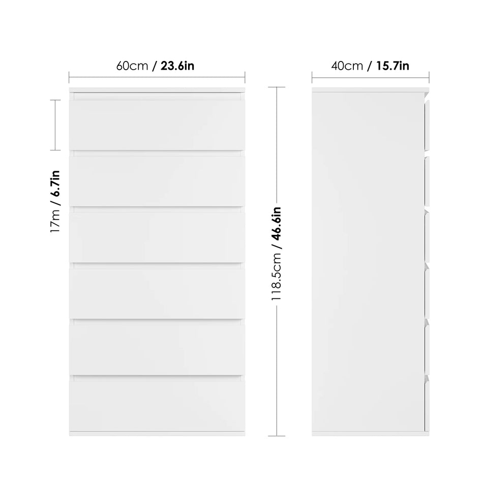 Getone Tall 6 Drawers Chest White Black Bedroom Storage