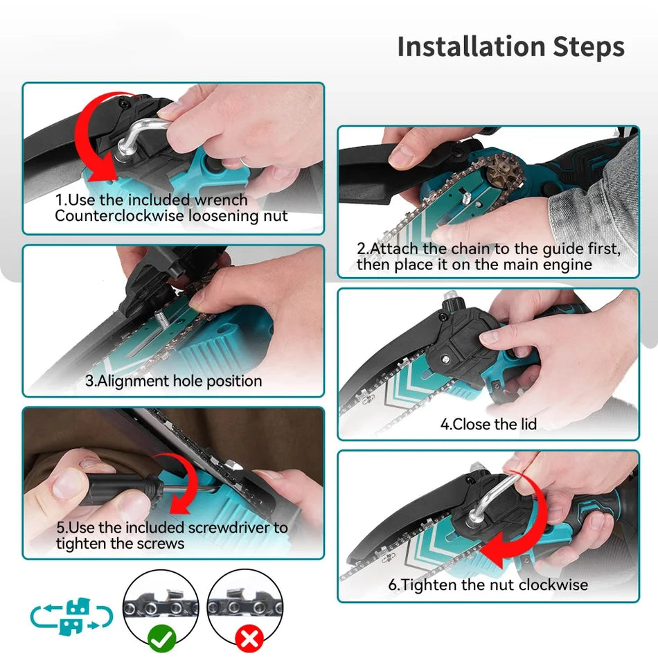 Serra de Cadeia Sem Fios e Sem Escovas 6 e 8 Polegadas Ferramenta de Poda 18V