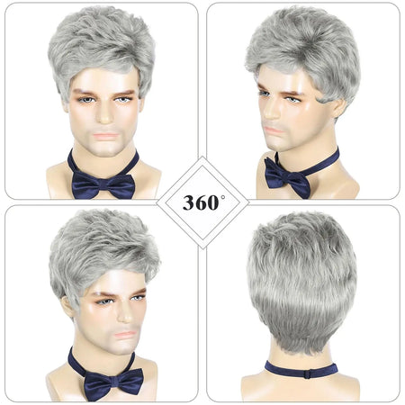 Short Silver Gray Synthetic Wig for Men - Heat Resistant Cosplay and Daily Use