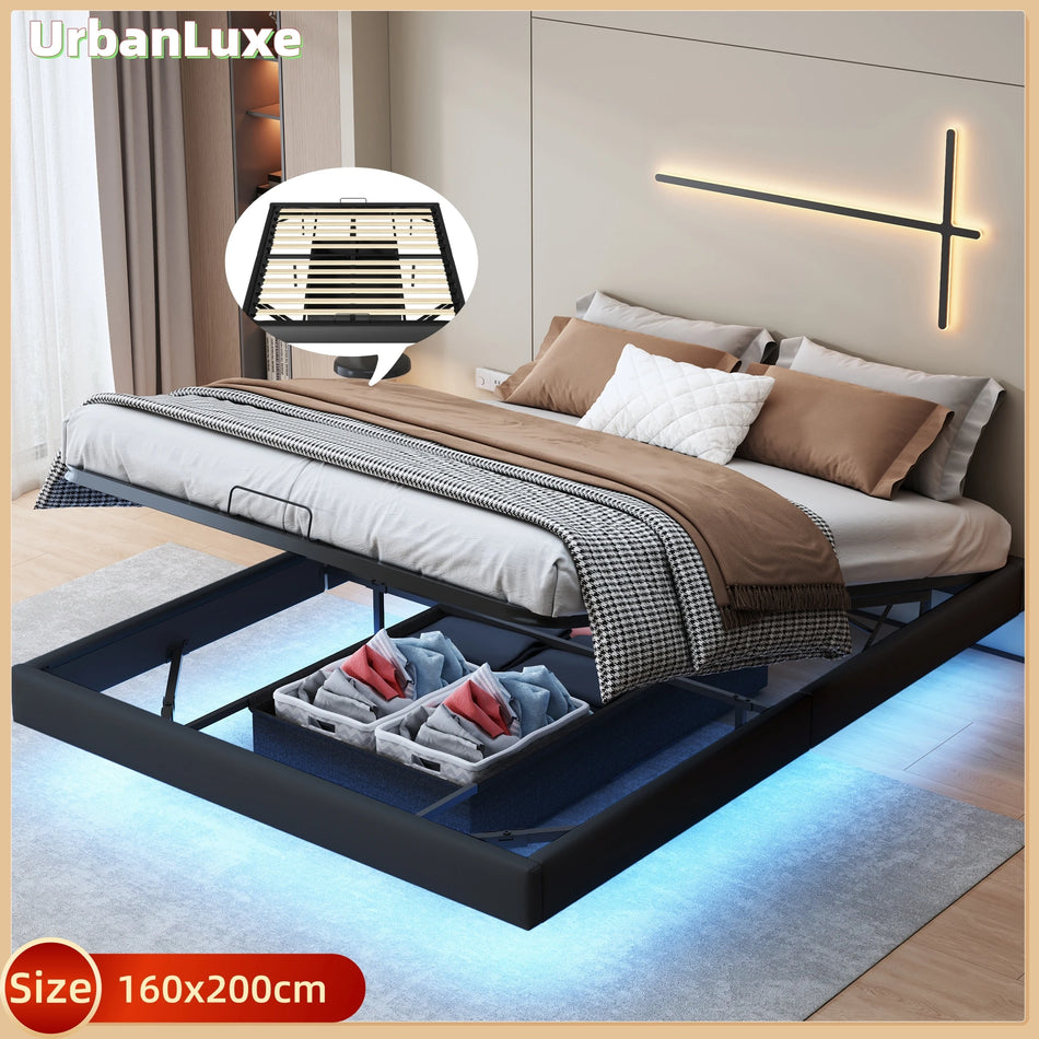Urban Luxe 160x200 Postelja S Shranjevanjem In LED Svetlobno Barvo Črna