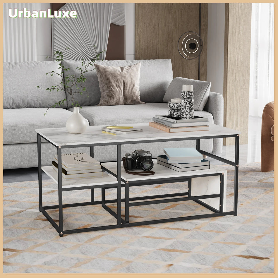 Urban Luxe Marmor Slab Kavni Miza Z Shranjevanjem Črne Noge