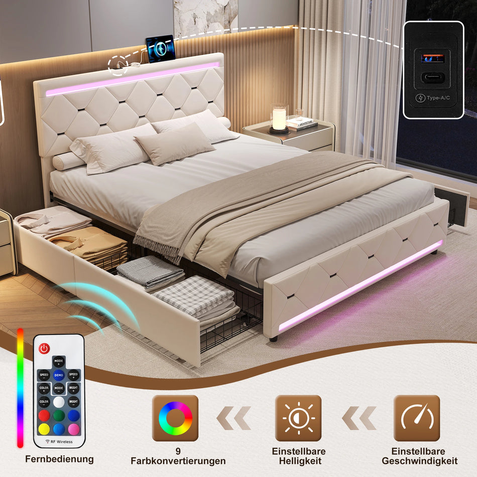 Urban Luxe Bed Velvet Beige 160x200 LED Bar Drawers USB