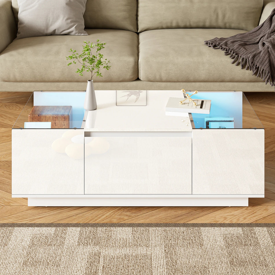 Urban Luxe White Coffee Table With 2 Drawers LED Lighting