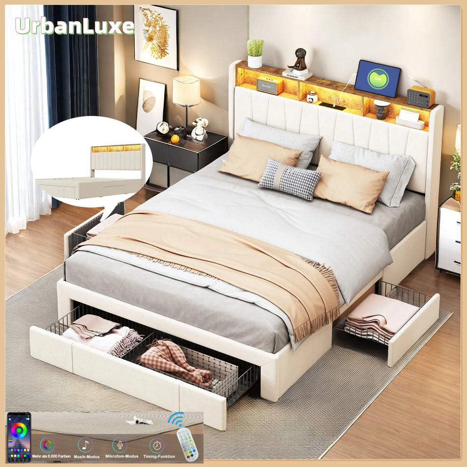 Łóżko Urban Luxe 160x200 z ramą, taśmą LED, żelaznymi szufladami