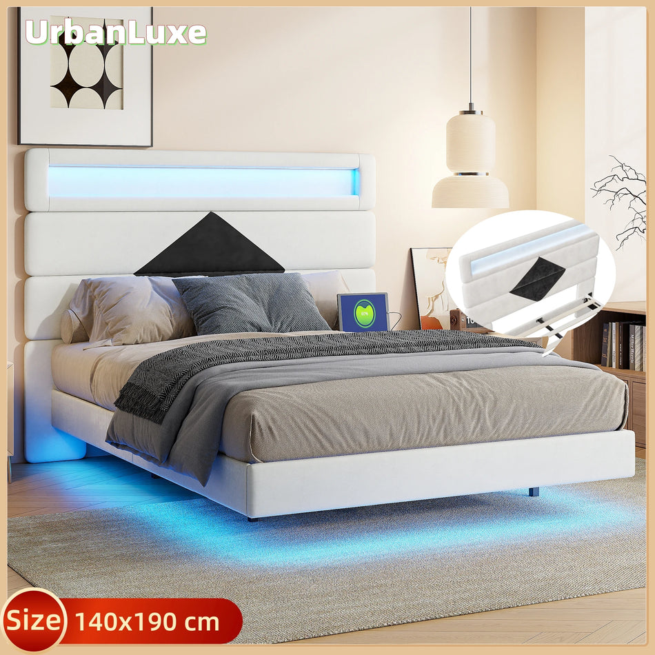 Cama 140x190 Estrutura de Ripas em Veludo Cabeceira LED USB Plus