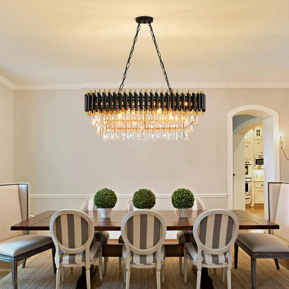 Moderní křišťálový tříúrovňový lustr K9 z železa v černé zlaté, stmívatelný LED světelný zdroj pro jídelnu, obývací pokoj, ložnici
