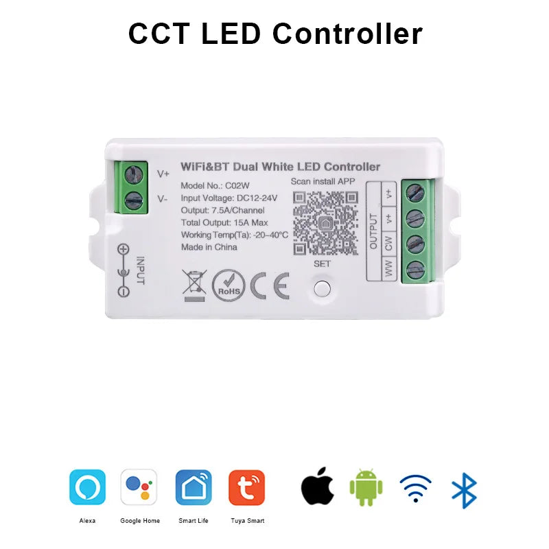Tuya WiFi LED Controller Alexa Google Home Voice Control RGB RGBW CCT LED Strip Smart Controller APP BT RF Remote 2.4G DC12V-24V CCT Controller