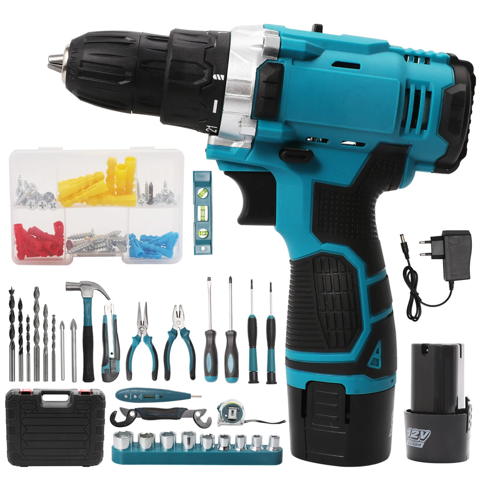 Kit de Taladro Atornillador Inalámbrico 12V Batería 25N.m 1350RPM LED