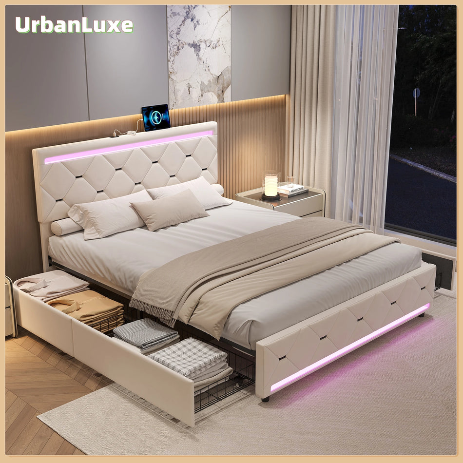 Urban Luxe Bed Velvet Beige 160x200 LED Bar Drawers USB