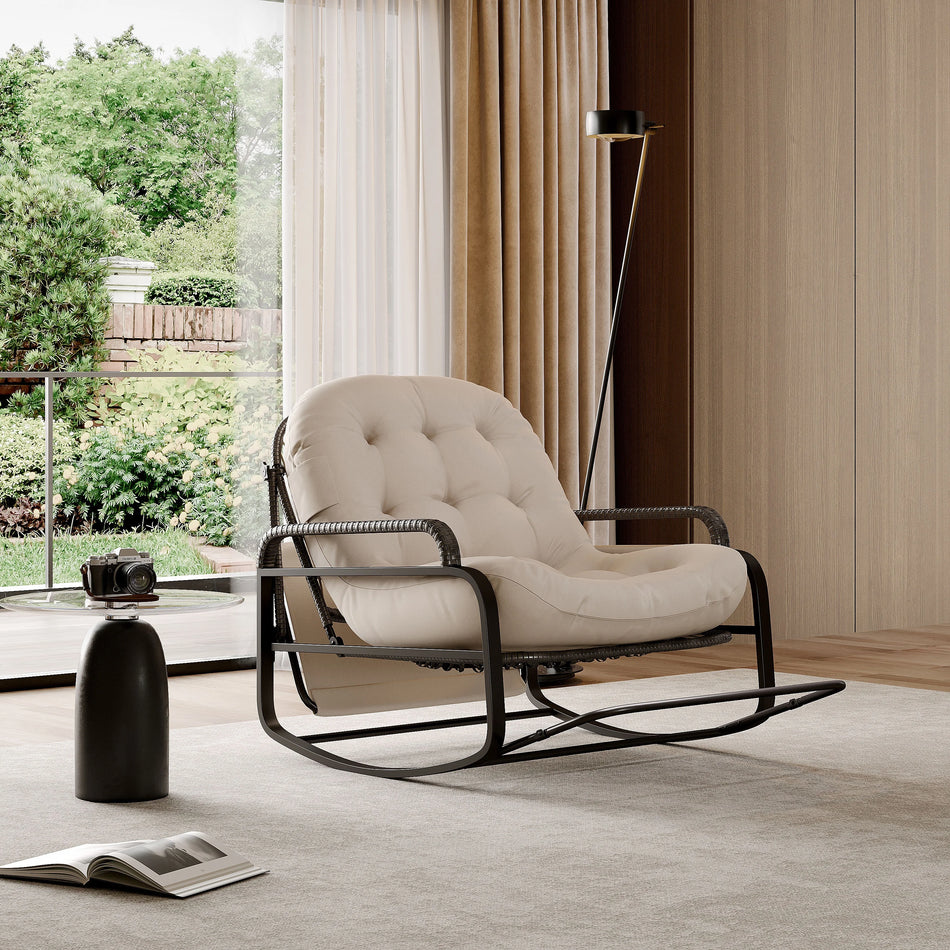 Бежевый уличный кресло-качалка с складным подножием и зонтом