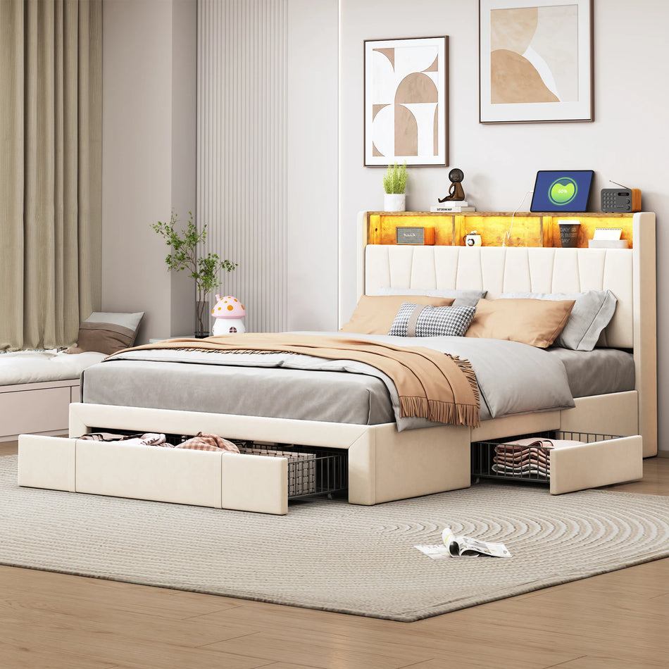 Łóżko Urban Luxe 160x200 z ramą, taśmą LED, żelaznymi szufladami