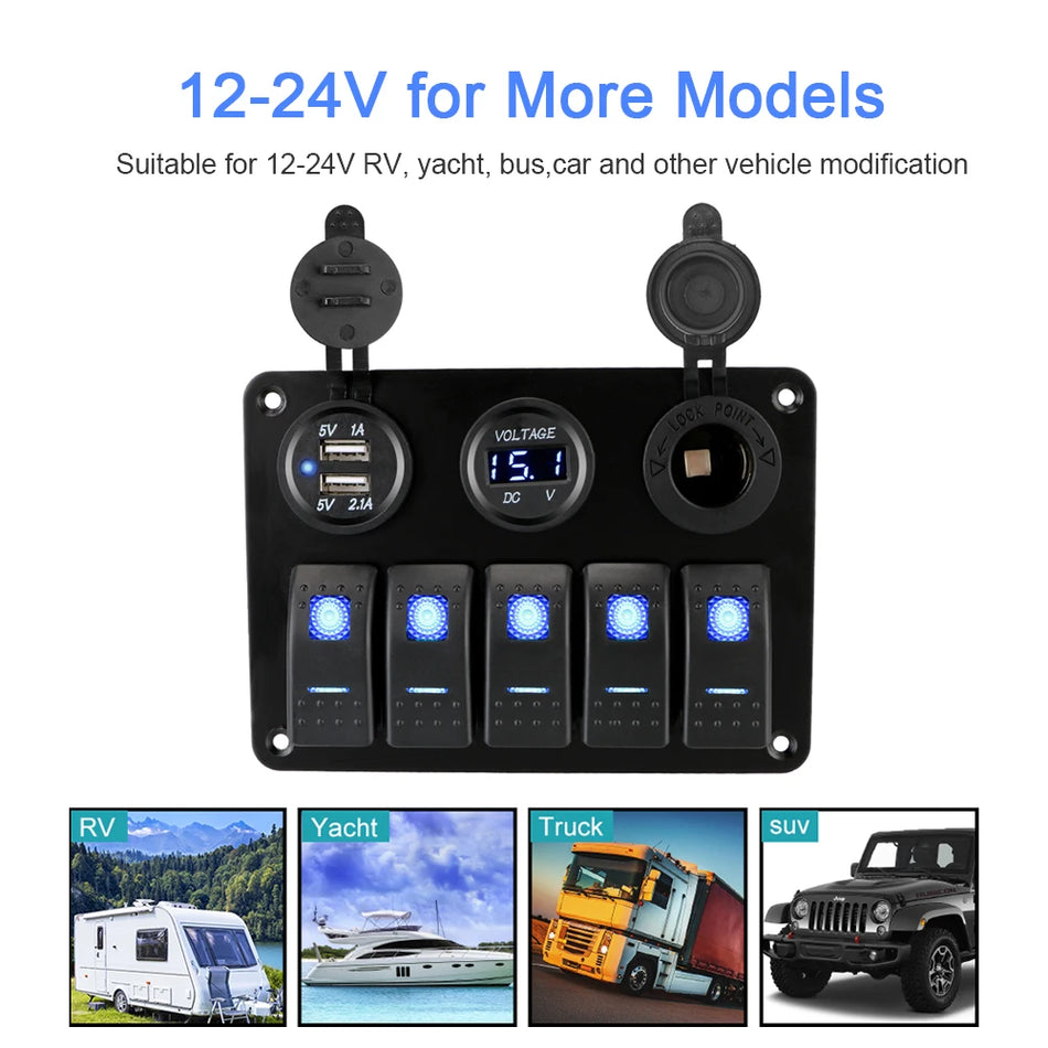 Karavano RV furgono priekabos jungiklio pultas su USB įkrovikliais 12V 24V