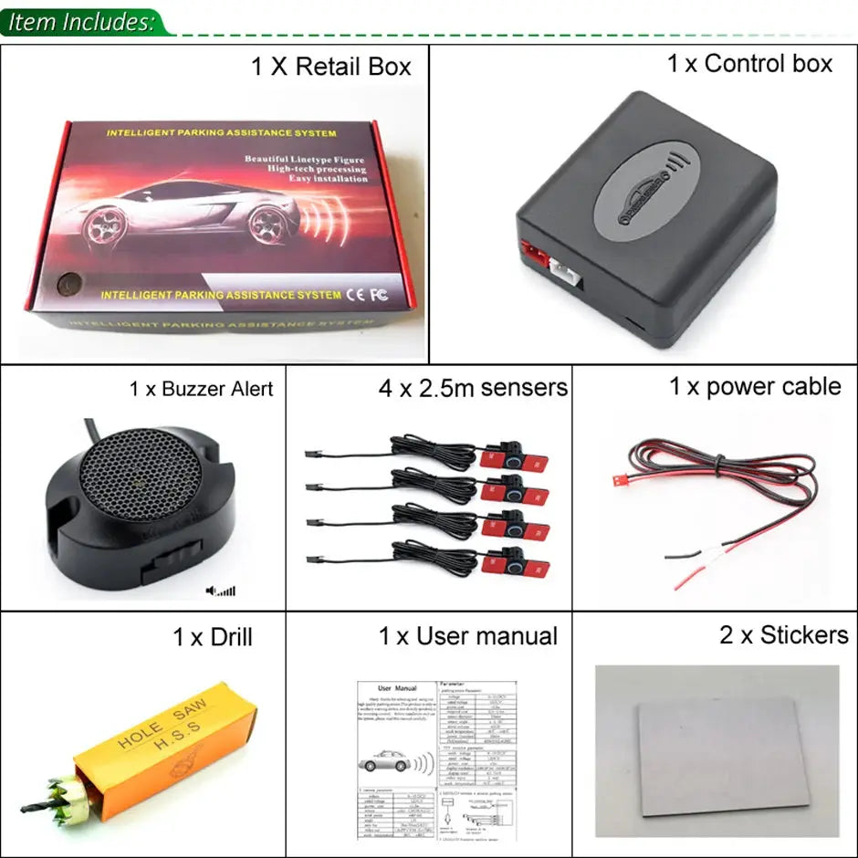 4 Pc Car Parking Sensors 13MM Flat ABS Reverse Backup Alarm Kit by InterCyprus Trading Ltd