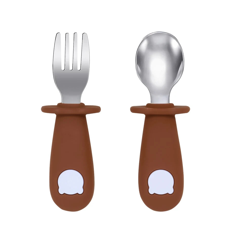 Cartoon Bear Baby Feeding Utensil Set - BPA Free Silicone 002 brown