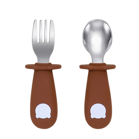 Cartoon Bear Baby Feeding Utensil Set - BPA Free Silicone 002 brown