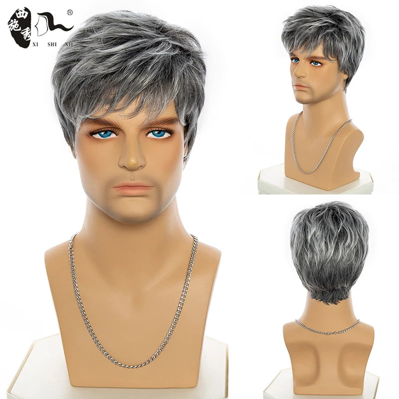 XISHIXIU Men's Silver Gray Wavy Synthetic Wig - Short Straight Pixie Cut ZY-118 / 1pc