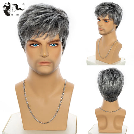 XISHIXIU Men's Silver Gray Wavy Synthetic Wig - Short Straight Pixie Cut ZY-118 / 1pc