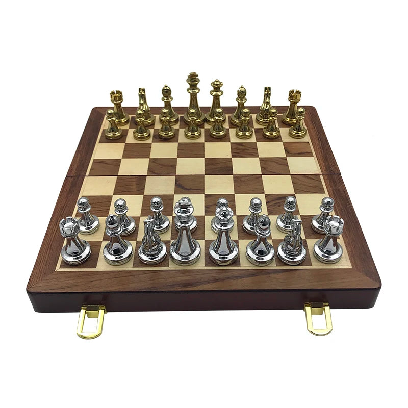 Retro Metal Alloy Chessboard Folding Wood Set With Pieces