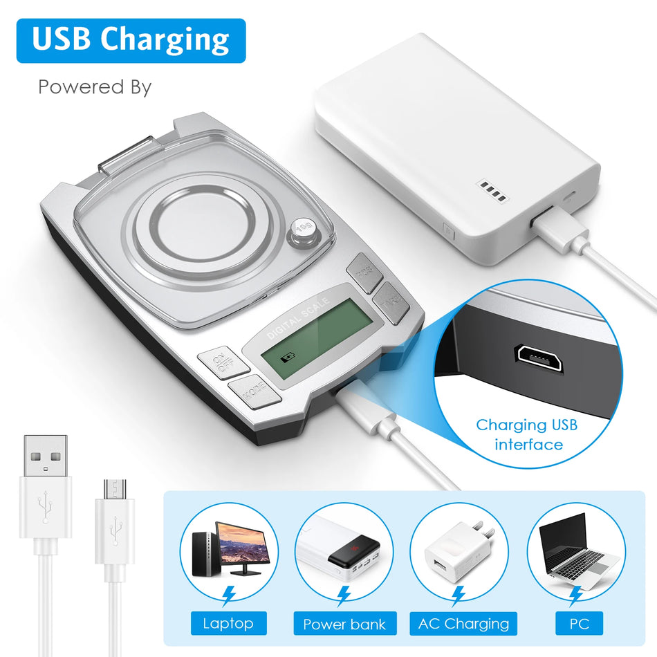 Waga jubilerska cyfrowa 0,001 g, waga miligramowa 100/50 g, kieszonkowa z ładowaniem USB