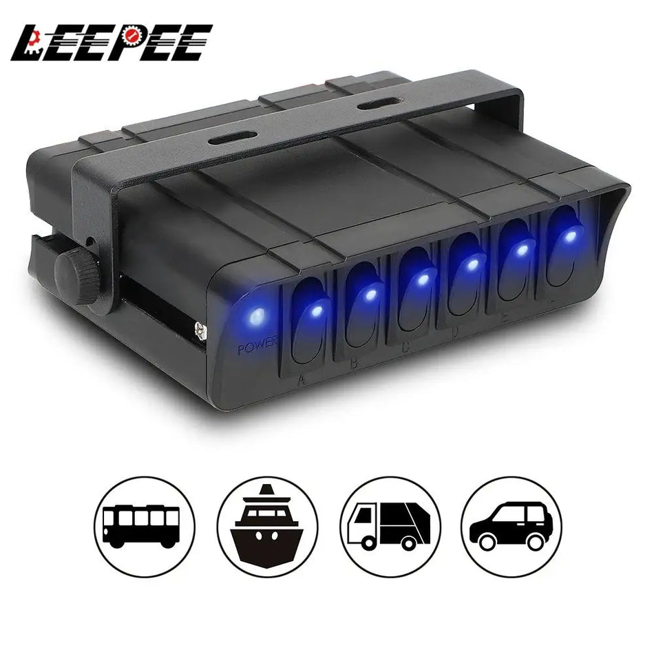Offroad 6-Gang LED Switch Panel for Jeep, 12V 40A Aluminum Housing with Frosted Finish and Indicator