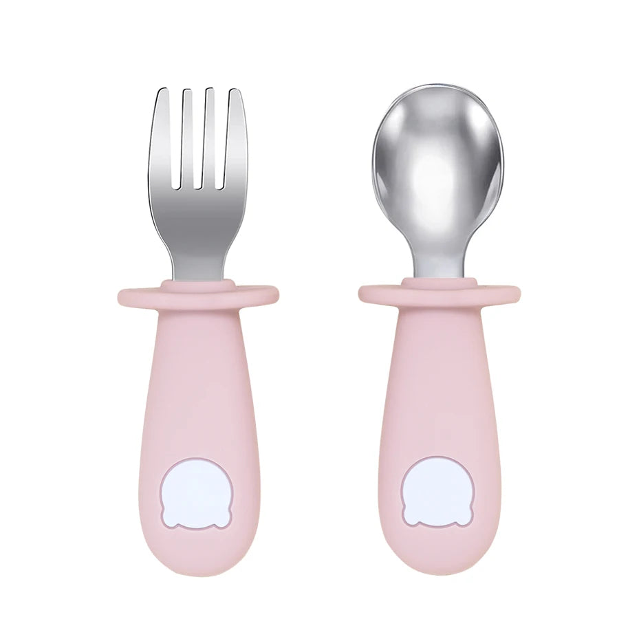 Cartoon Bear Baby Feeding Utensil Set - BPA Free Silicone 010 Light pink