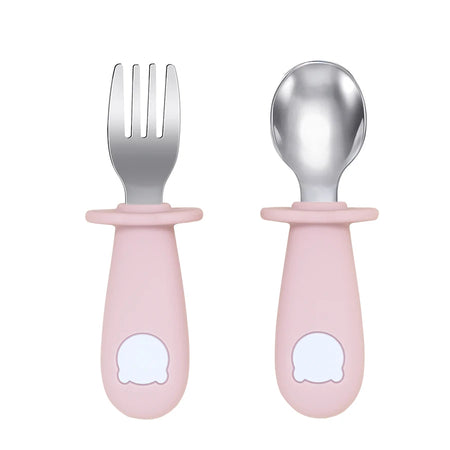 Cartoon Bear Baby Feeding Utensil Set - BPA Free Silicone 010 Light pink
