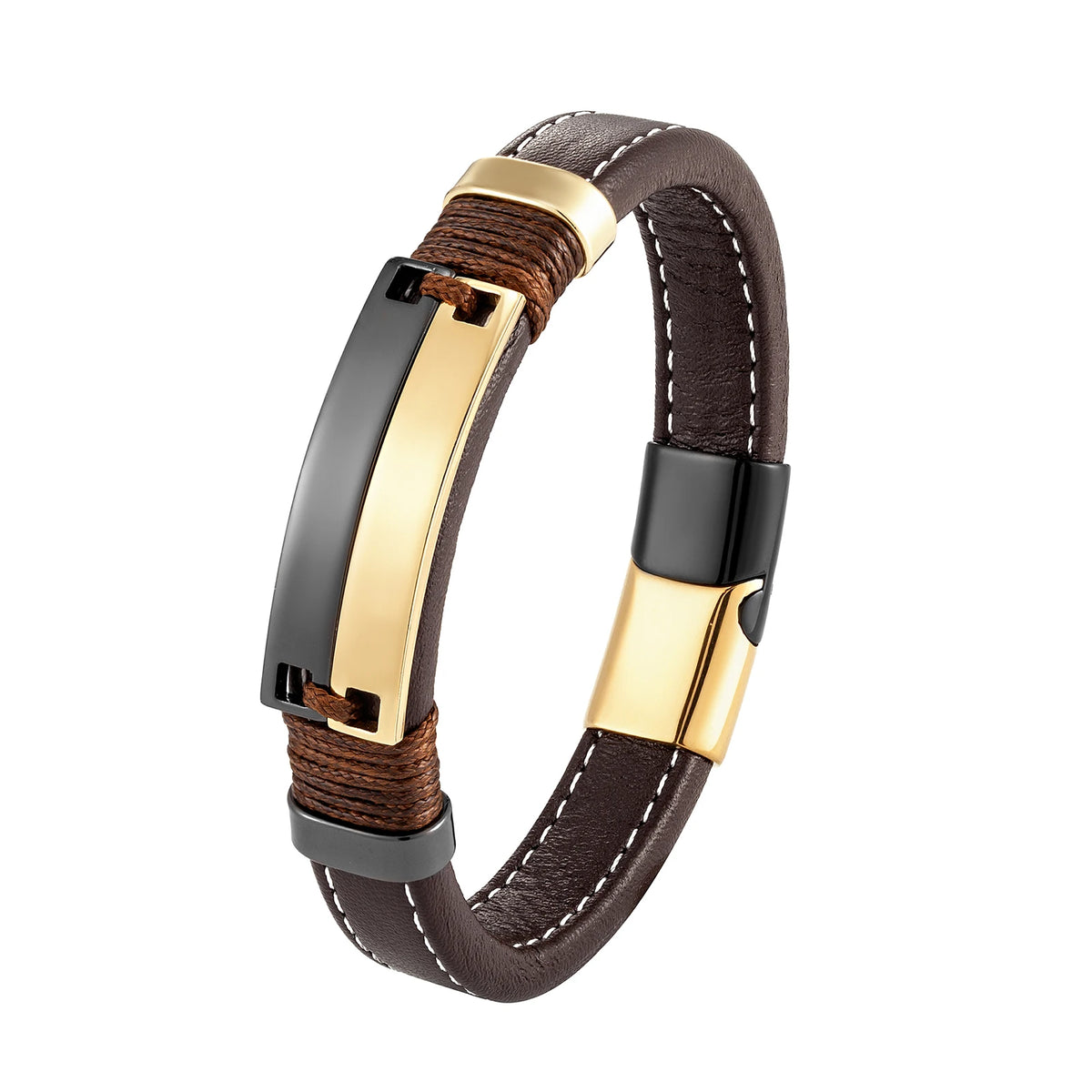 Double Row Stainless Steel Punk Couple Bracelet with Leather Charm BXGM-1137002 / CHINA / 23cm | Brown