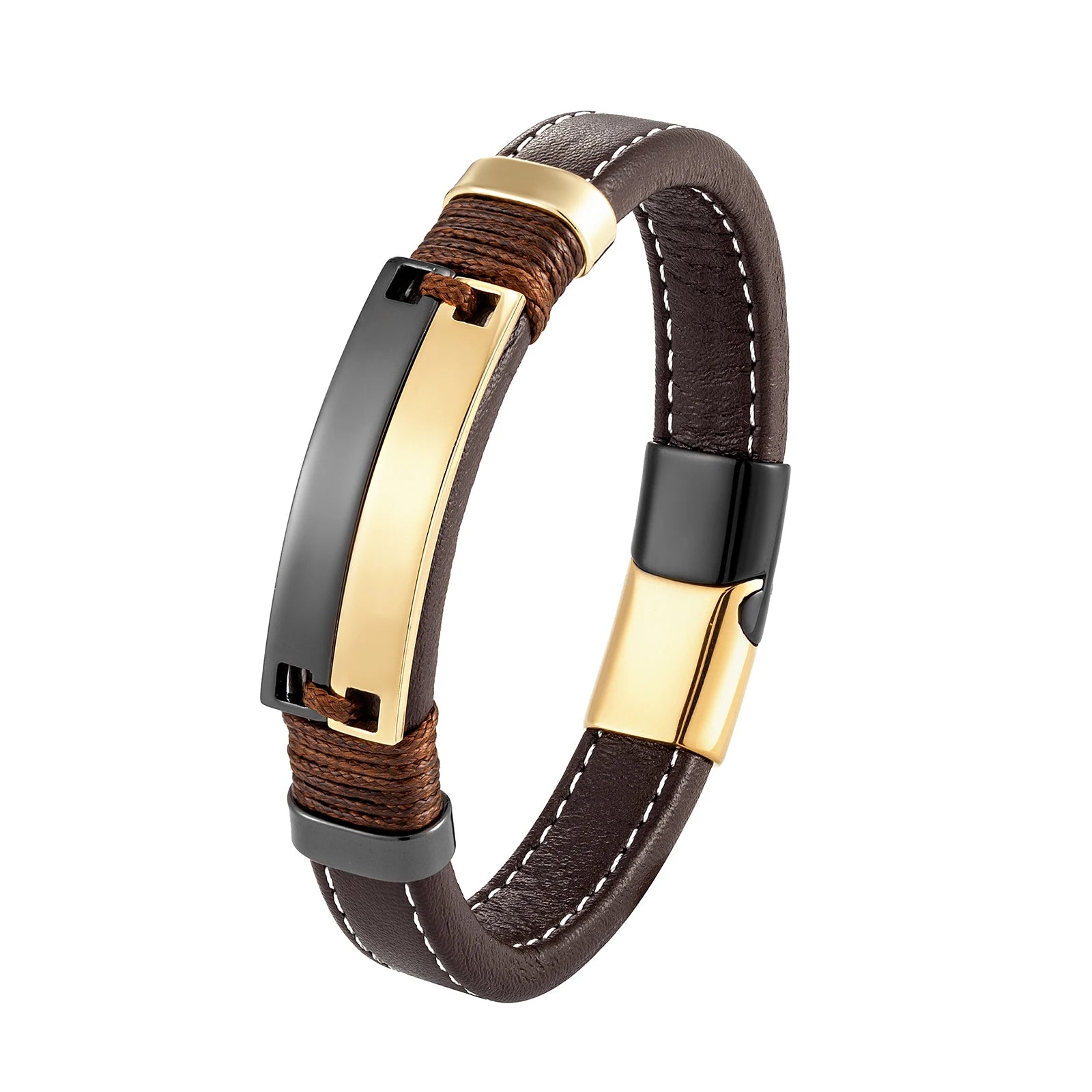 Double Row Stainless Steel Punk Couple Bracelet with Leather Charm BXGM-1137002 / CHINA / 23cm | Brown
