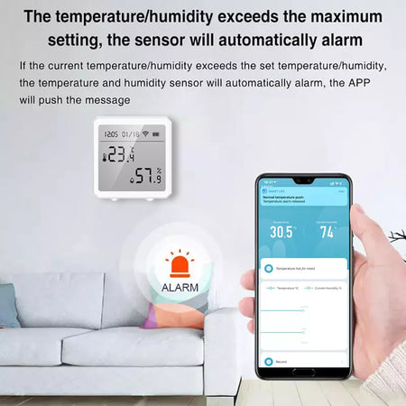 Tuya Wifi Smart Temperature And Humidity Sensor Indoor Hygrometer Thermometer Alarm Battery Display Alexa Google Home. Colour Black.