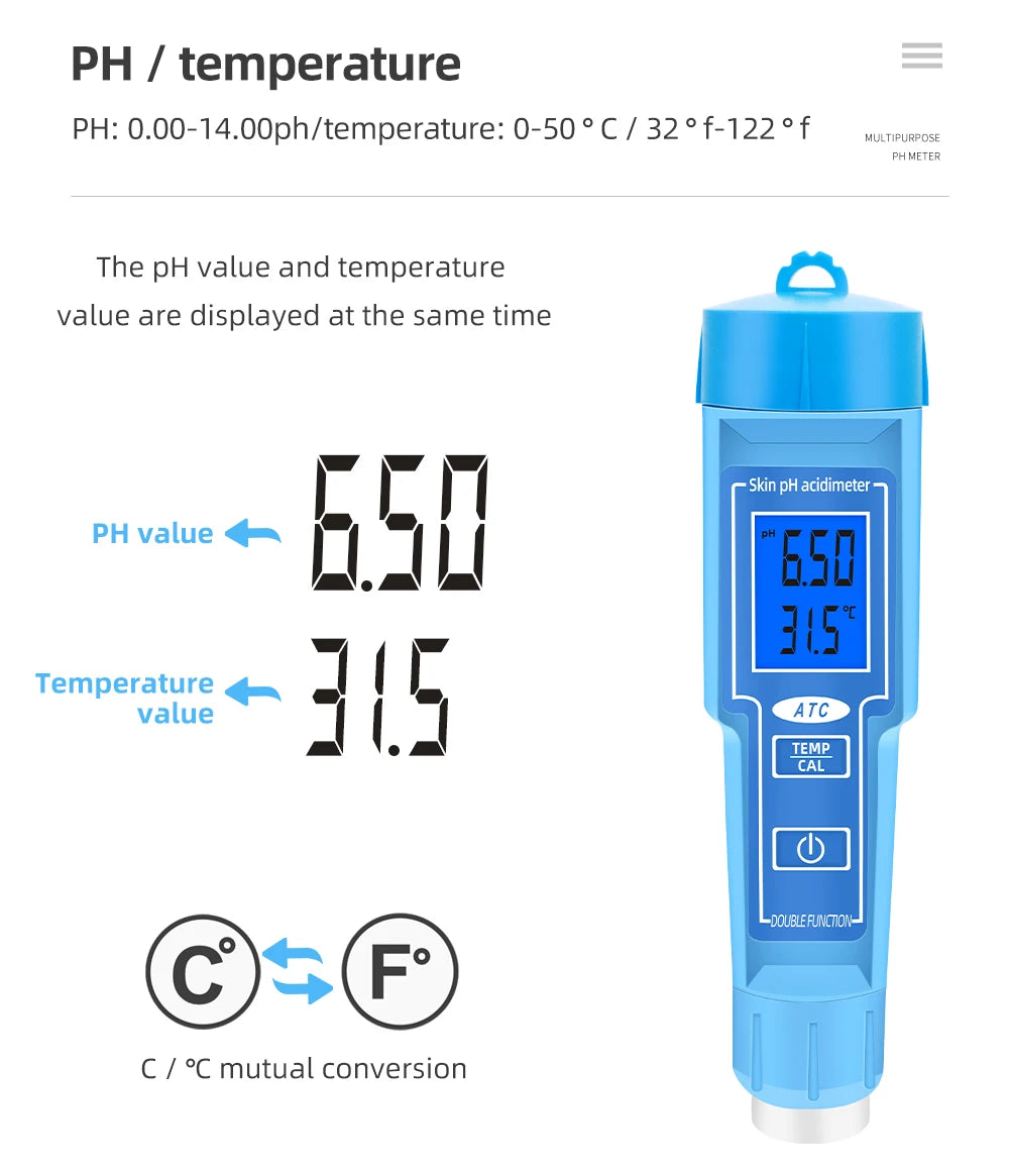 PH-6118 Skin PH Acdimeter 2 In 1 Tester - Backlit Display