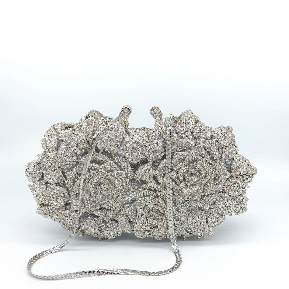 Elegant Golden Silver Crystal Minaudiere Clutch Bag for Women silver