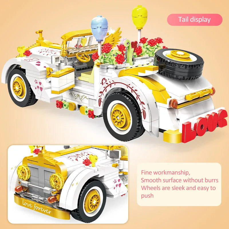 Μοντέλο Αυτοκινήτου Γάμου 3D Μπλοκ Παιχνίδι με Μπαλόνια Λουλουδιών, 522 Τεμάχια, Πλαστικό ABS