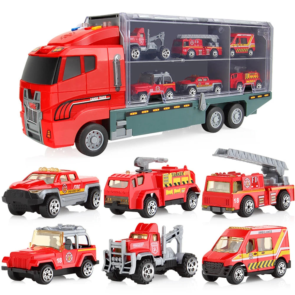 Alloy Car Model Transporter Set &ndash; Includes 6 Mini Engineering Vehicles Red