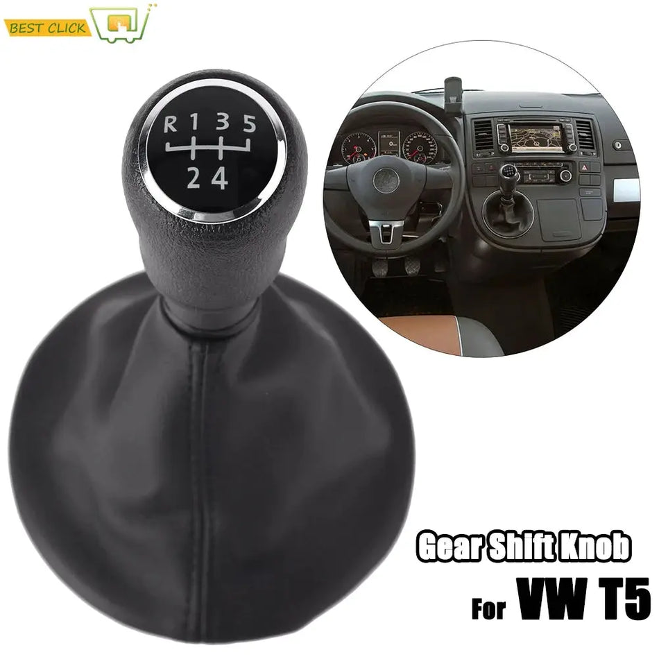 5 Speed Manual Black Gear Shift Knob Kit Gaiter Boot Cover For VW T5 T5.1 T6 Leather Gear Stick Cover Dust-Proof Replacement by InterCyprus Trading Ltd