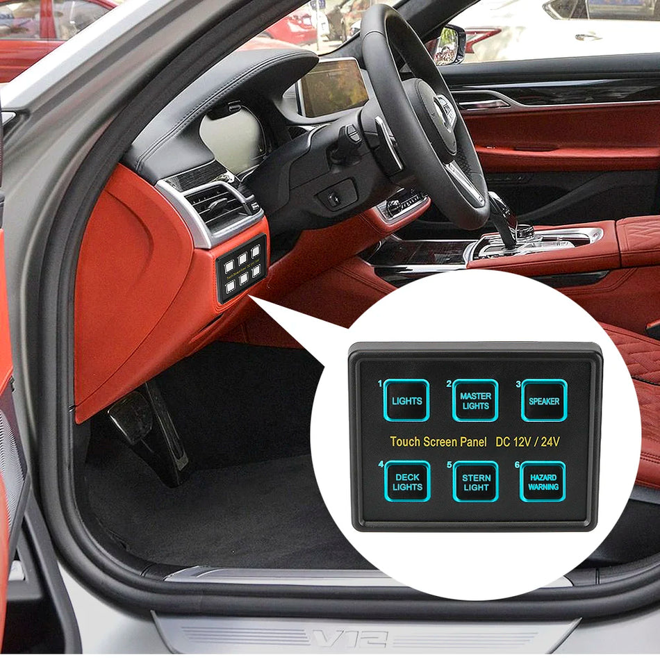 24V/12V 6-tlačítkový LED dotykový spínač, PET čelní panel pro auto a loď