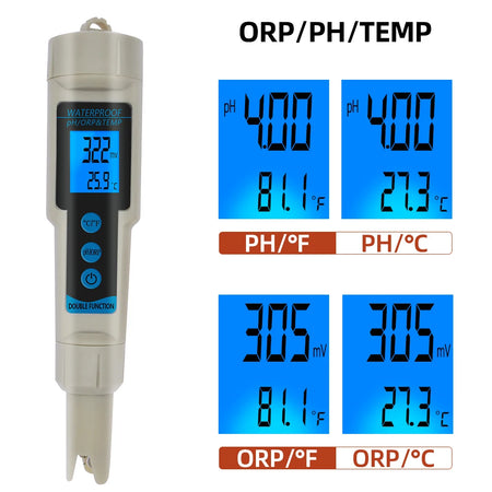 ORP Meter 3 In 1 pH ORP Temp Meter &ndash; Backlit Display