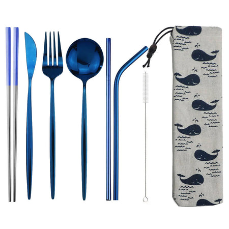KNGZI 8pcs Travel Cutlery Set &ndash; Eco-Friendly Stainless Steel Silverware 8pcs Blue