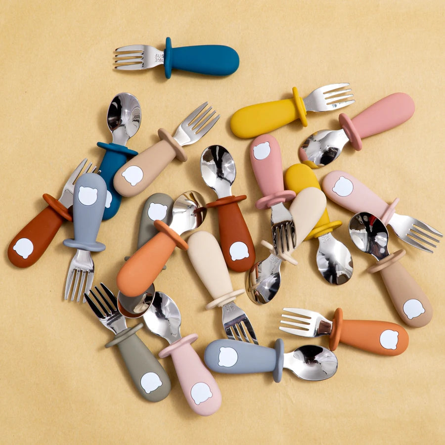 Cartoon Bear Baby Feeding Utensil Set - BPA Free Silicone