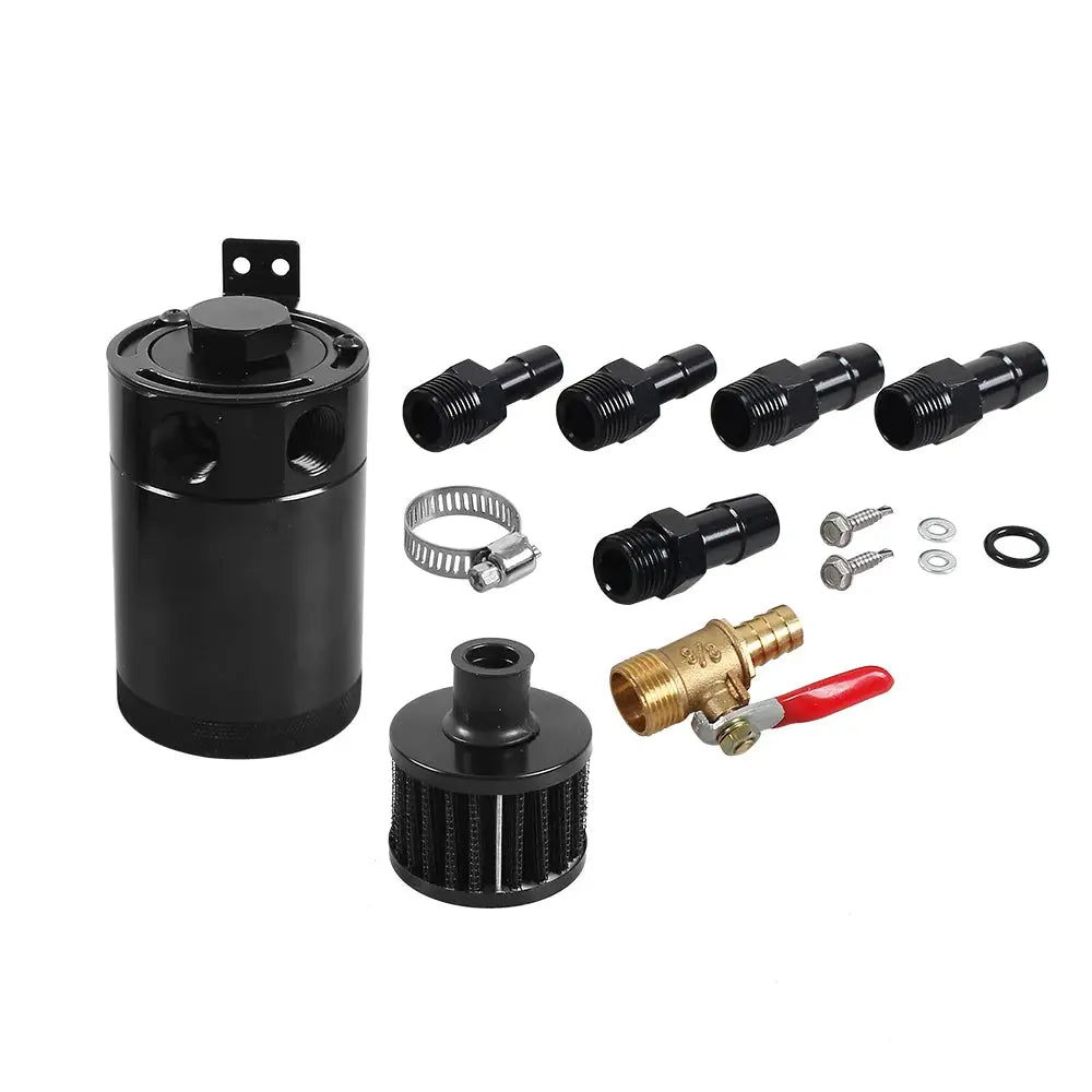 Universal Racing Baffled Aluminum Oil Catch Can Tank 2-Port Reservoir with Drain Valve Breather Cylinder Filter Kit by InterCyprus Trading Ltd