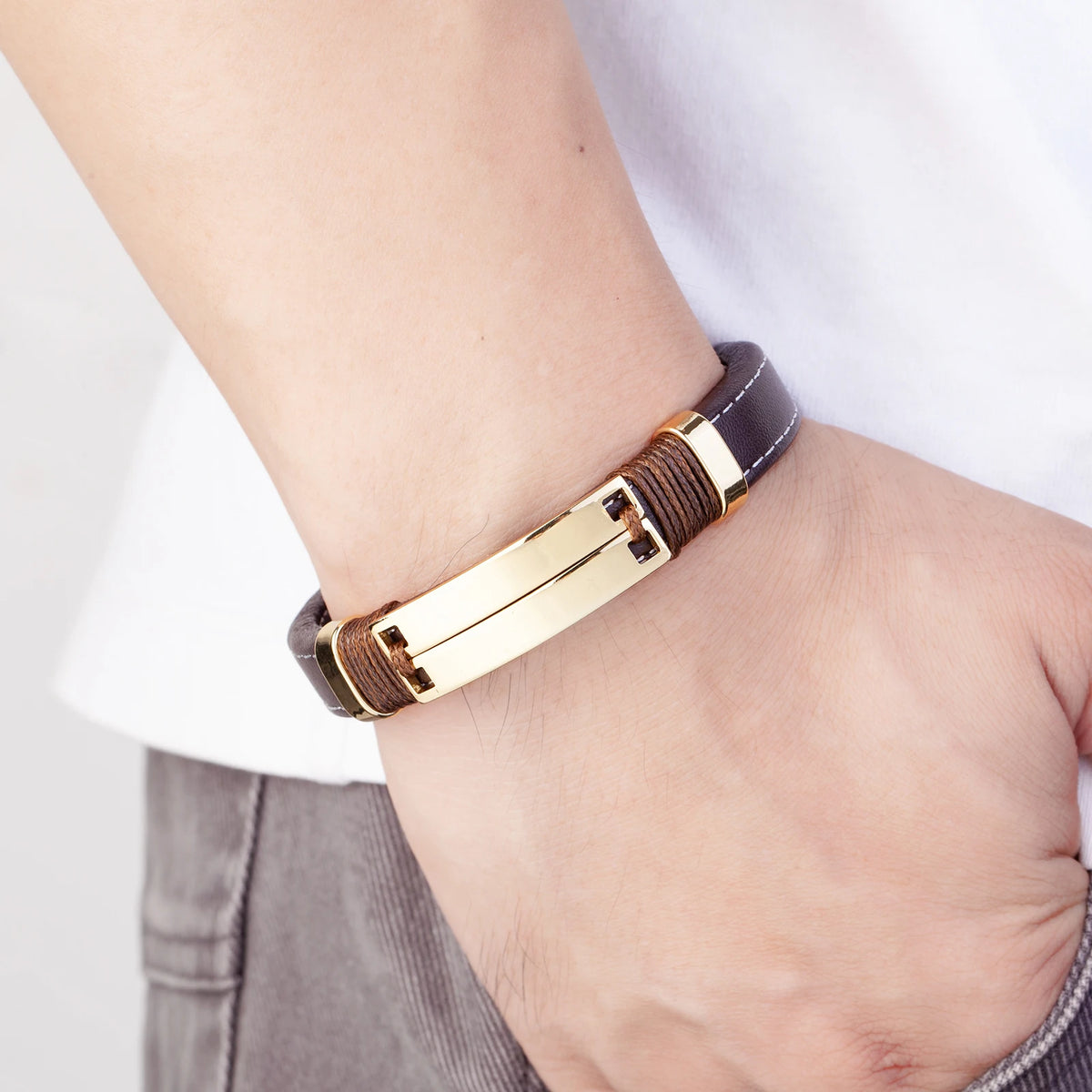 Double Row Stainless Steel Punk Couple Bracelet with Leather Charm