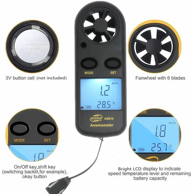 Digital Anemometer GM816 - LCD Backlight Temperature Tester