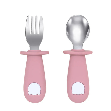 Cartoon Bear Baby Feeding Utensil Set - BPA Free Silicone 001 powder rose