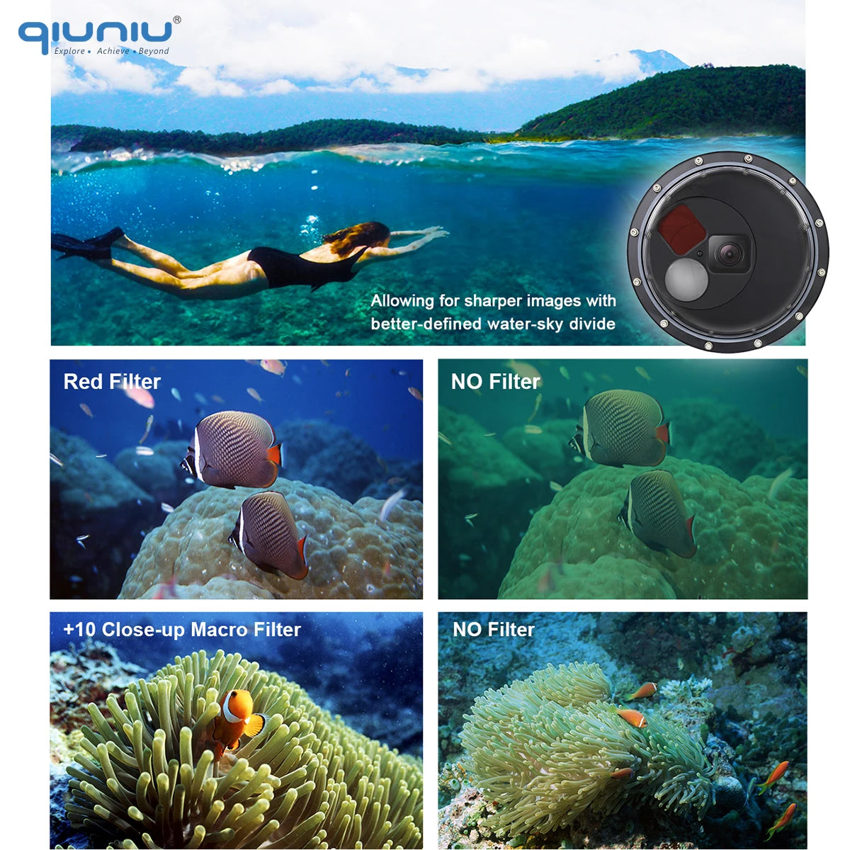 QIUNIU 45m Waterproof Dome Port for GoPro Hero 9-13 with Switchable Filters