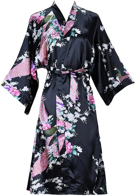Silk Satin Wedding Bride Bridesmaid Floral Kimono Robe black / M