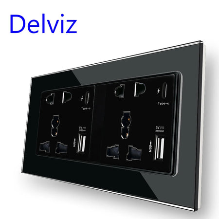 Delviz Type C Smart Quick Charge Wall Socket with Crystal Glass Panel Black / 110-250V