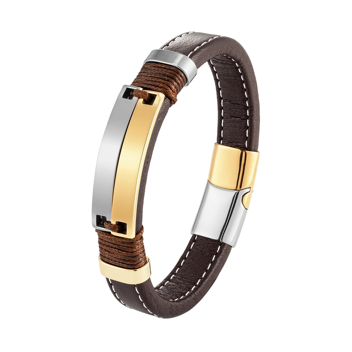Double Row Stainless Steel Punk Couple Bracelet with Leather Charm BXGM-1137001 / CHINA / 23cm | Brown