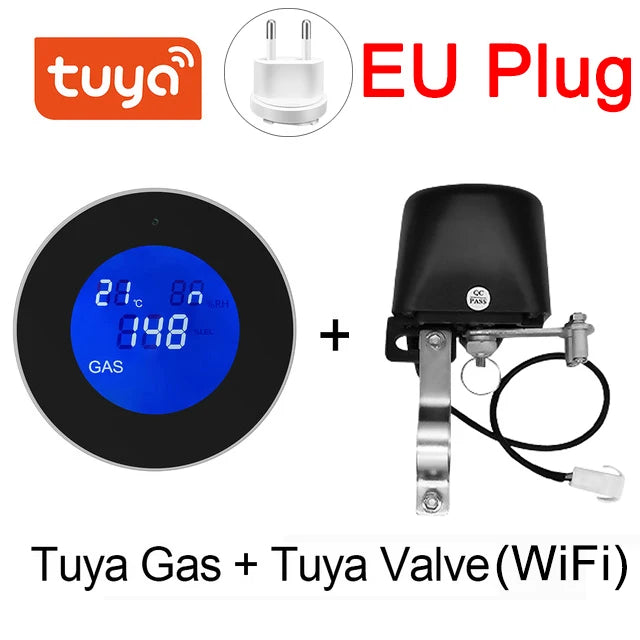 Tuya Wifi Natural Gas Alarm Sensor &ndash; LCD Temp Readout Gas EU add Valve