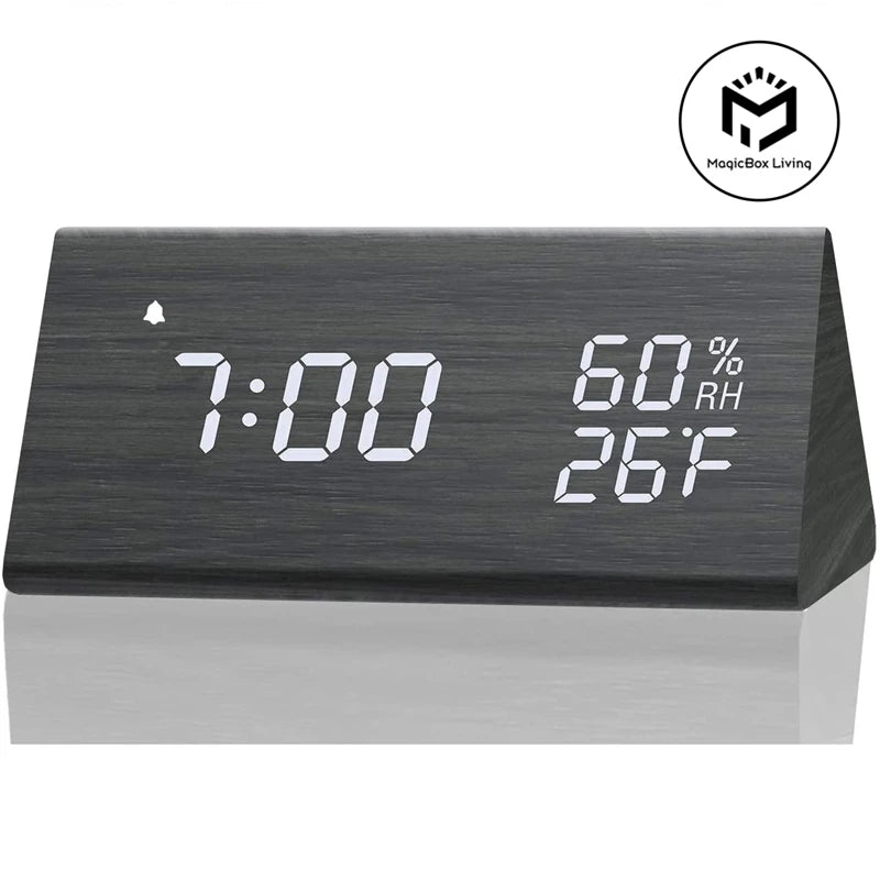 Wooden LED Digital Alarm Clock with USB Charger, Temperature &amp; Humidity Display
