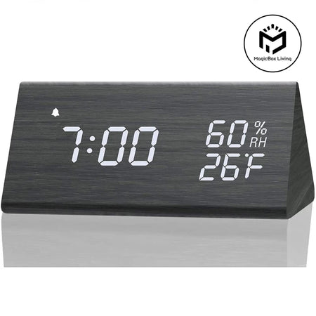 Wooden LED Digital Alarm Clock with USB Charger, Temperature &amp; Humidity Display