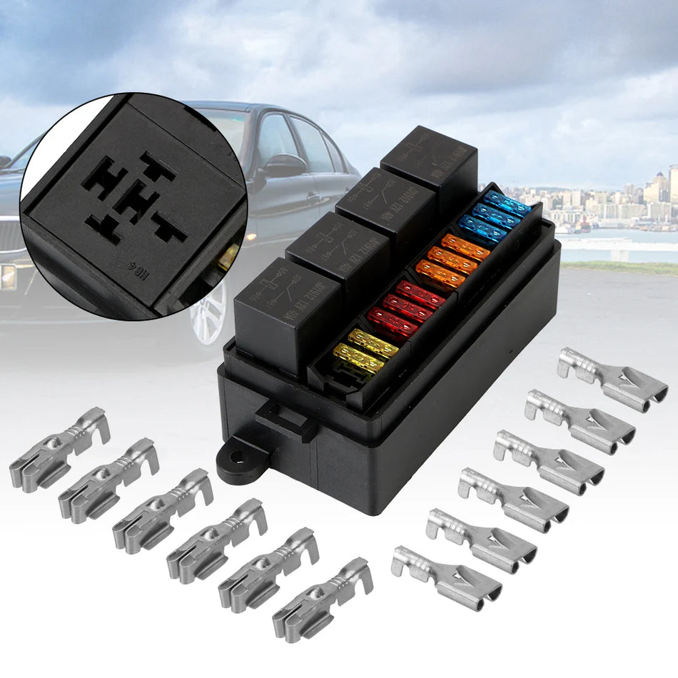 12V 40A relais met spade-aansluitingen, plastic hoes, 4-pins, 12-weg zekeringhouder